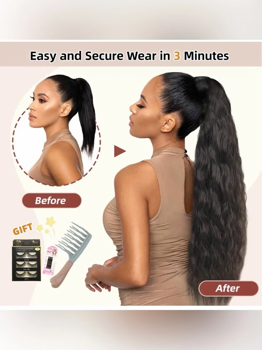 22” Dark Brown #2 Long Wavy Ponytail Extension Human Hair #028